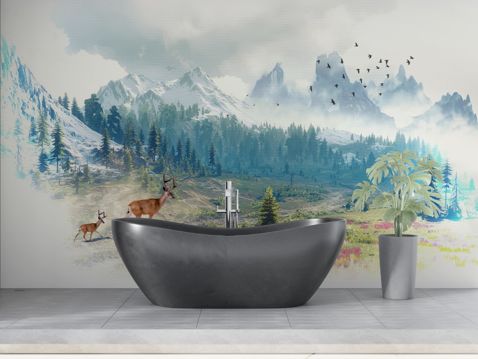 Papier peint les cerfs parcourent les montagnes