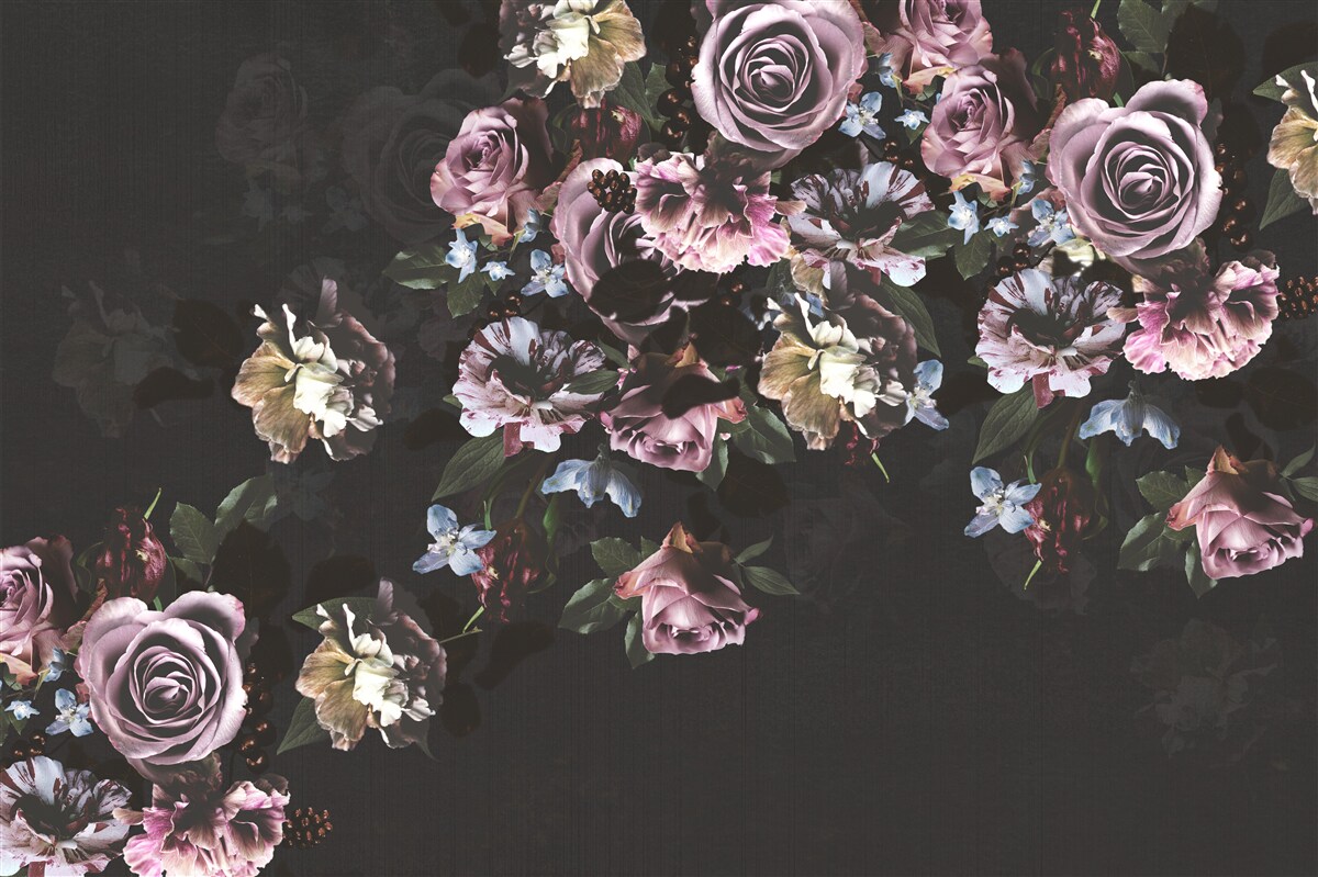 Papier peint fleurs roses sur fond noir