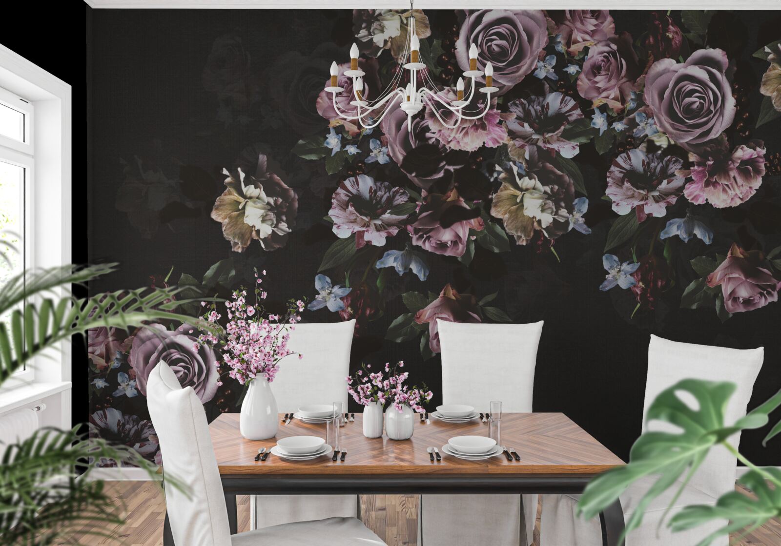 Papier peint fleurs roses sur fond noir