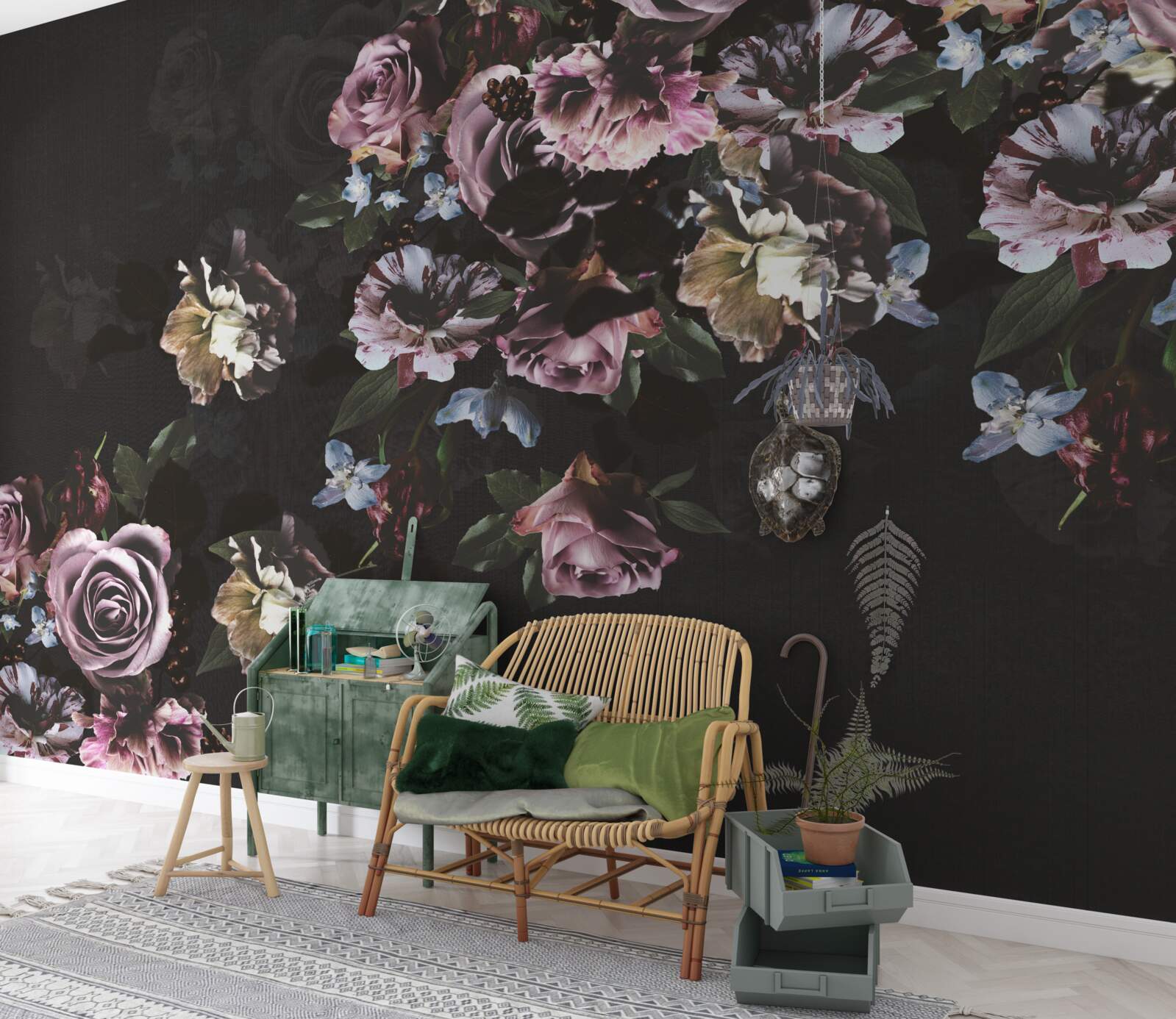 Papier peint fleurs roses sur fond noir