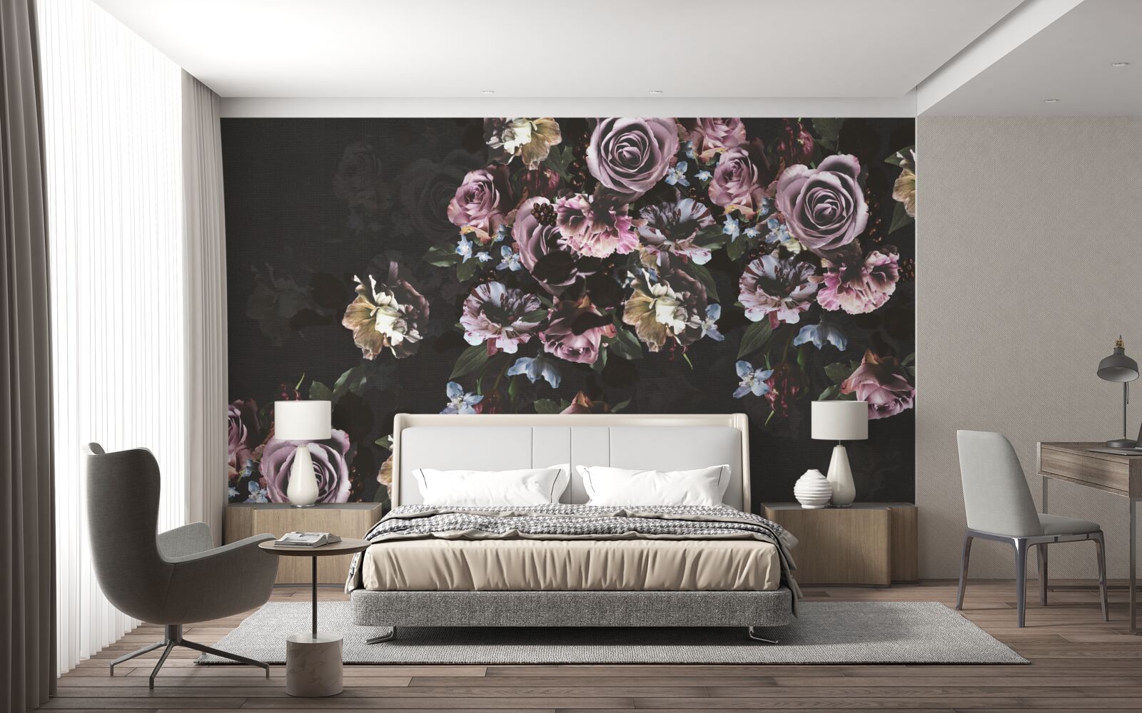 Papier peint fleurs roses sur fond noir