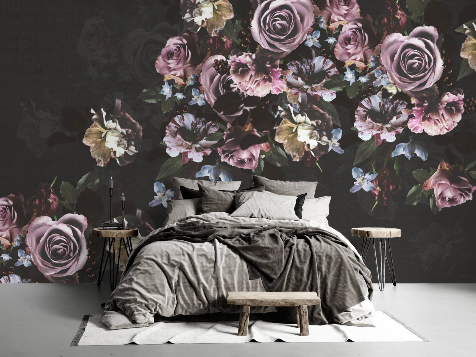Papier peint fleurs roses sur fond noir