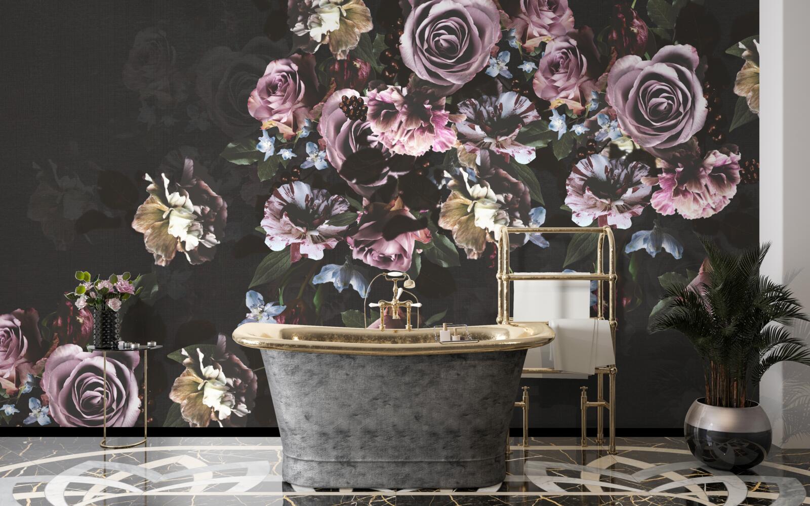 Papier peint fleurs roses sur fond noir