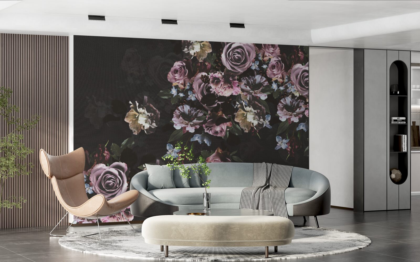 Papier peint fleurs roses sur fond noir