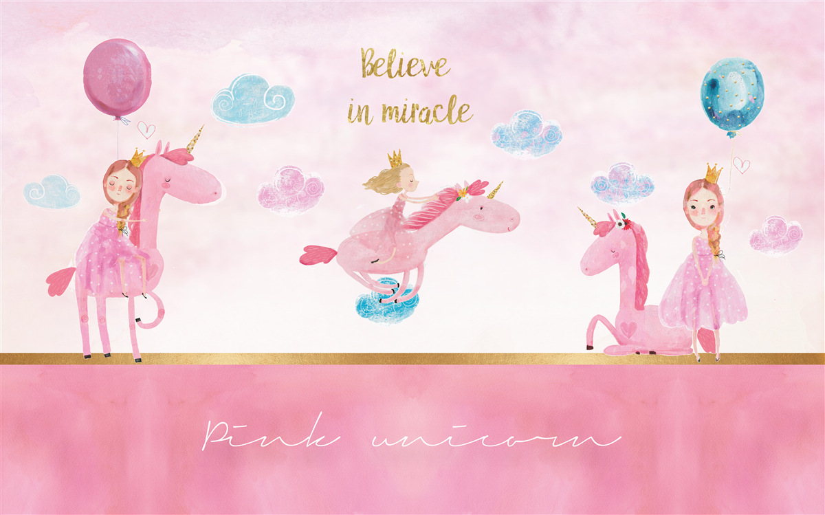 Papier peint princesses sur licornes roses