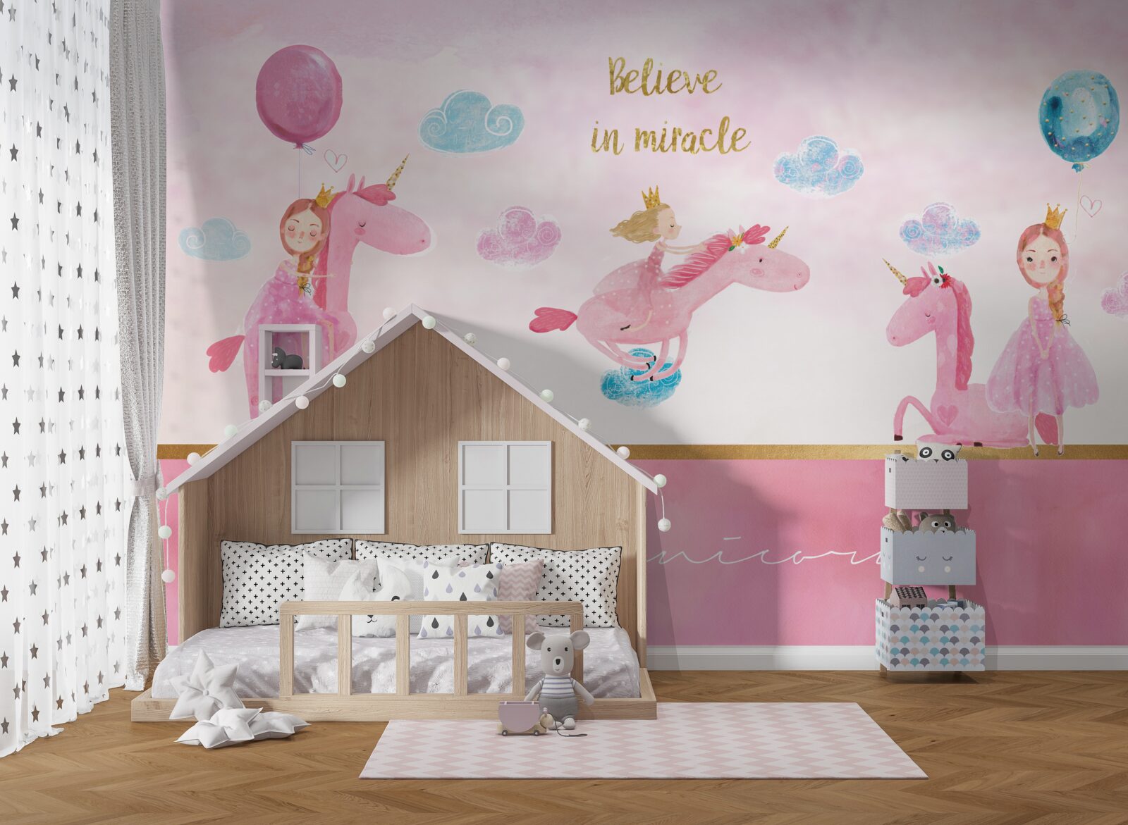 Papier peint princesses sur licornes roses