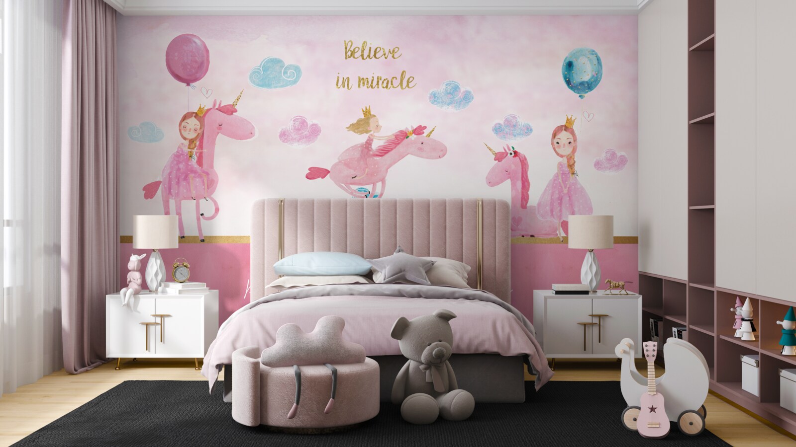 Papier peint princesses sur licornes roses