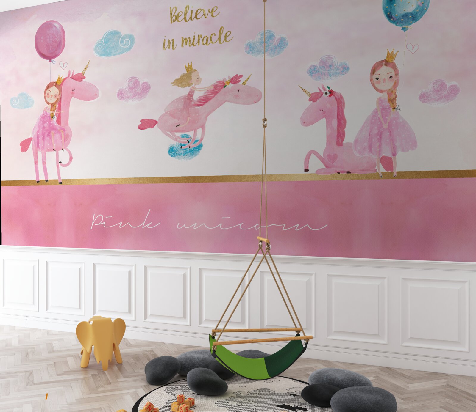 Papier peint princesses sur licornes roses