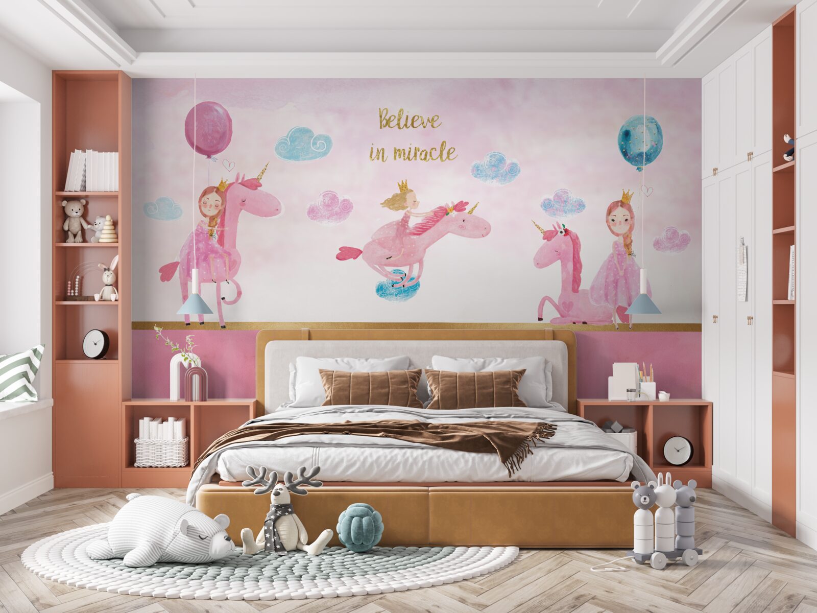 Papier peint princesses sur licornes roses