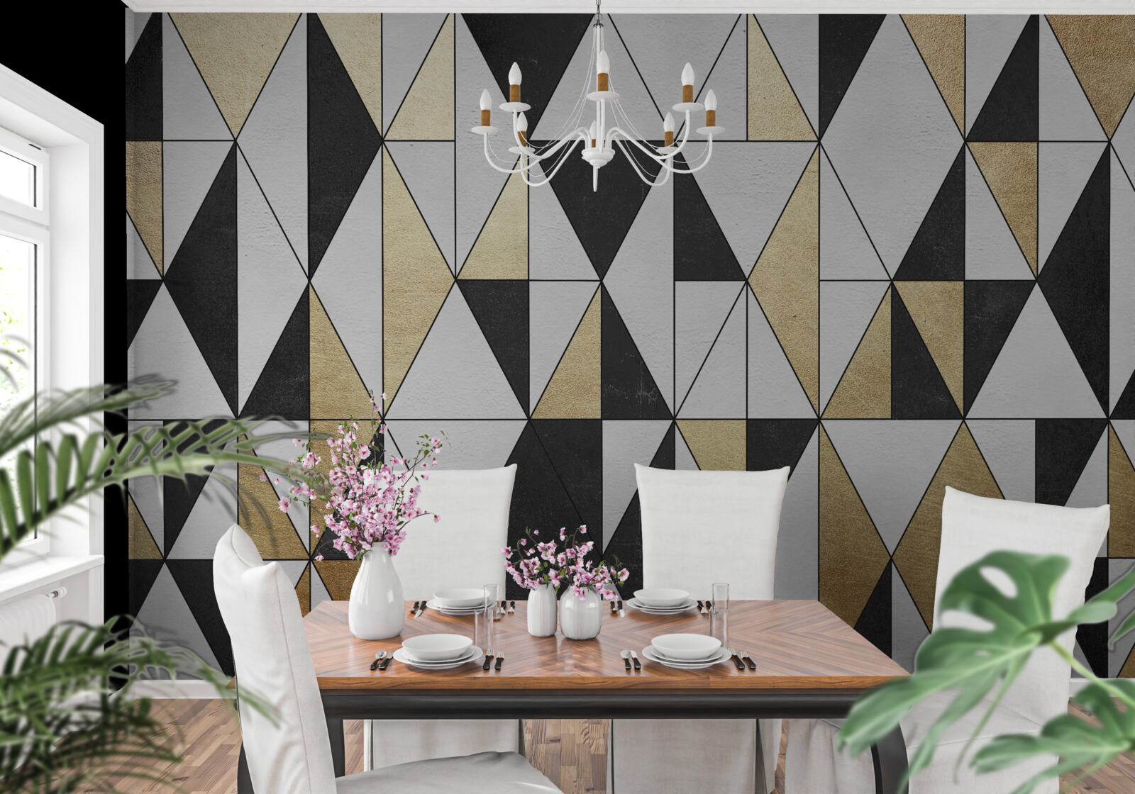 Papier peint diamants en noir, blanc et or