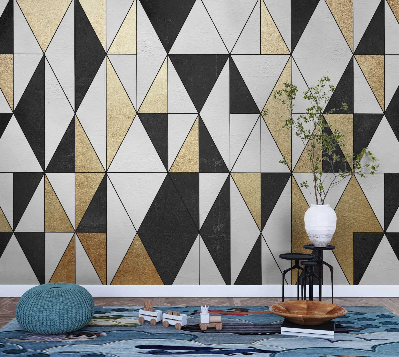 Papier peint diamants en noir, blanc et or