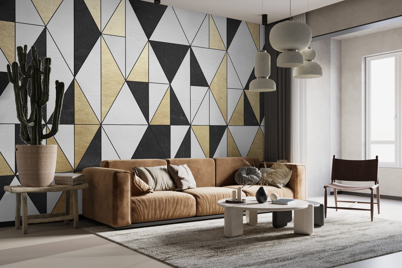 Papier peint diamants en noir, blanc et or