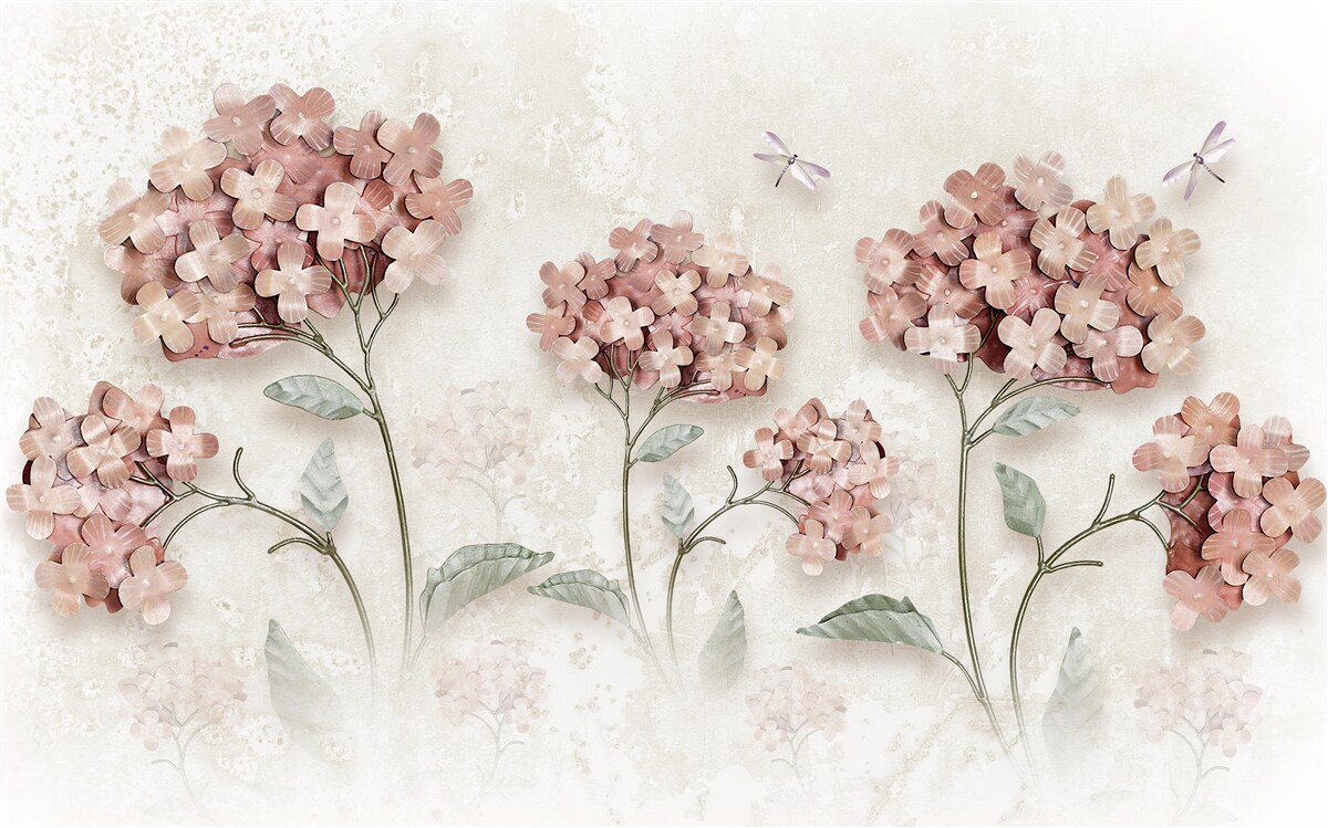 Papier peint les libellules volent près des fleurs roses