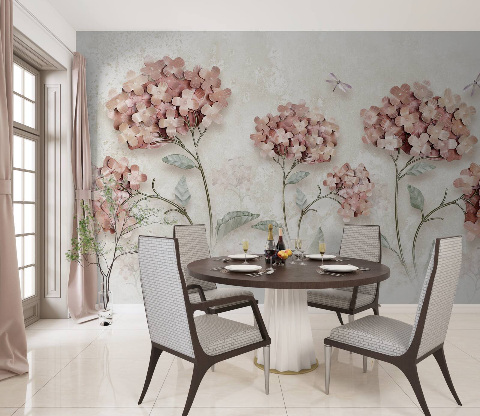 Papier peint les libellules volent près des fleurs roses