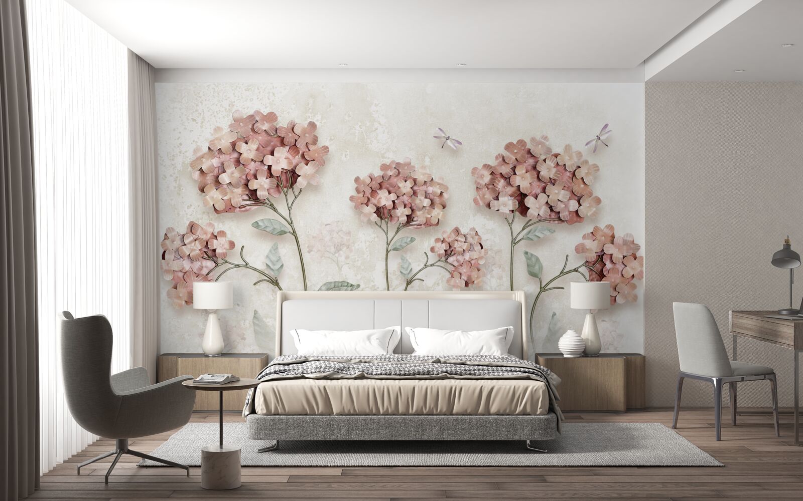 Papier peint les libellules volent près des fleurs roses