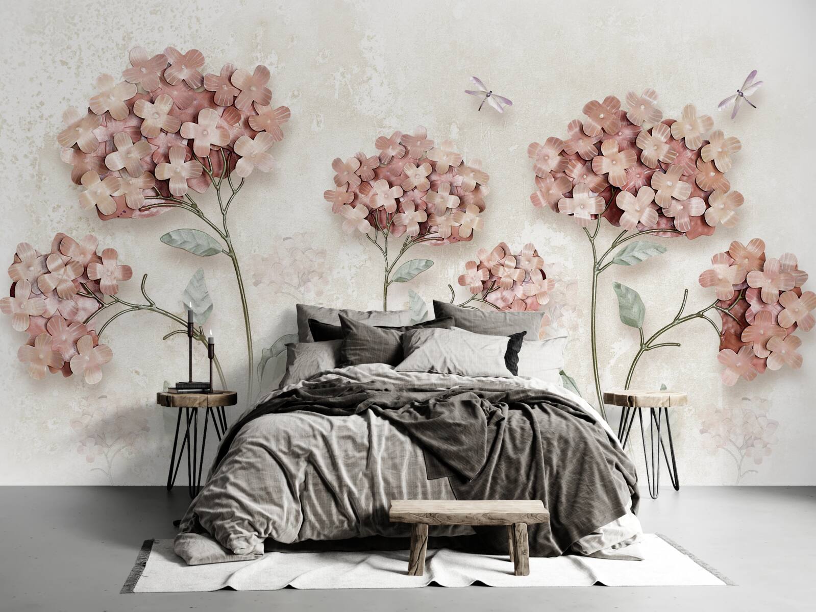 Papier peint les libellules volent près des fleurs roses