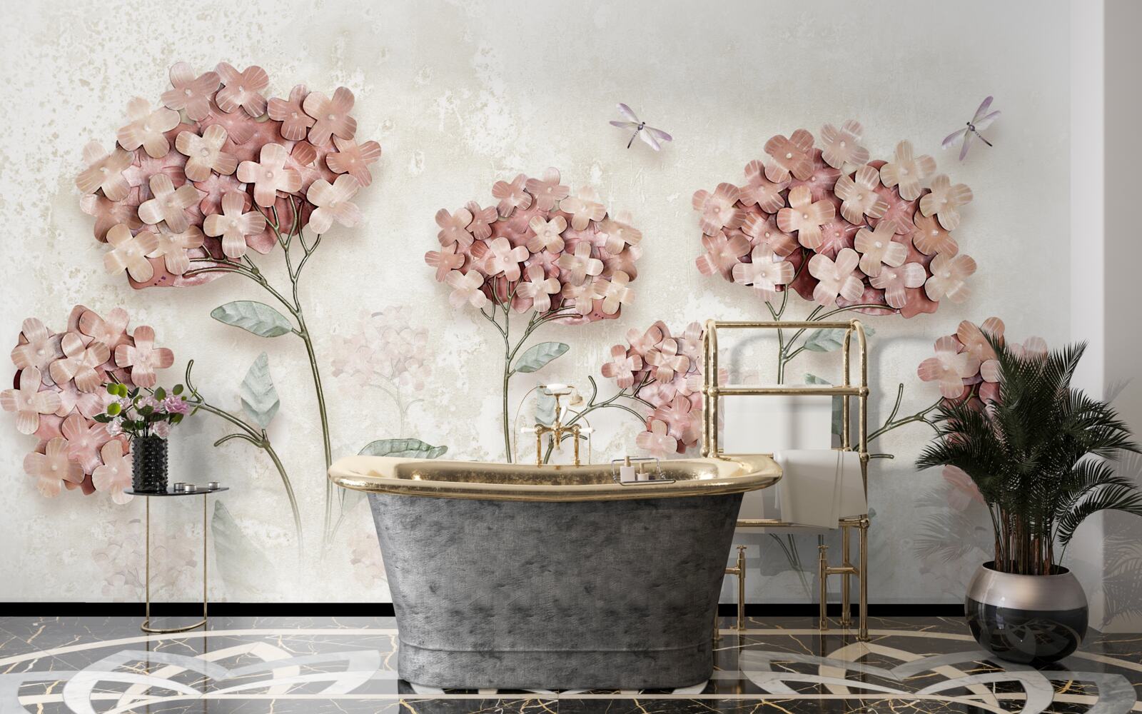 Papier peint les libellules volent près des fleurs roses