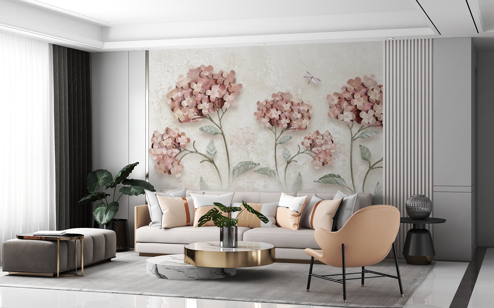 Papier peint les libellules volent près des fleurs roses