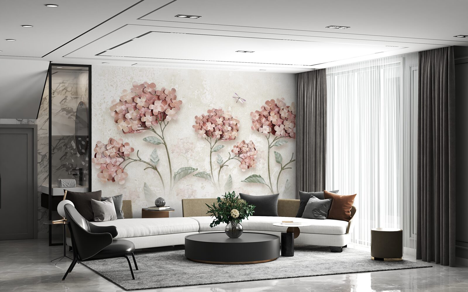 Papier peint les libellules volent près des fleurs roses