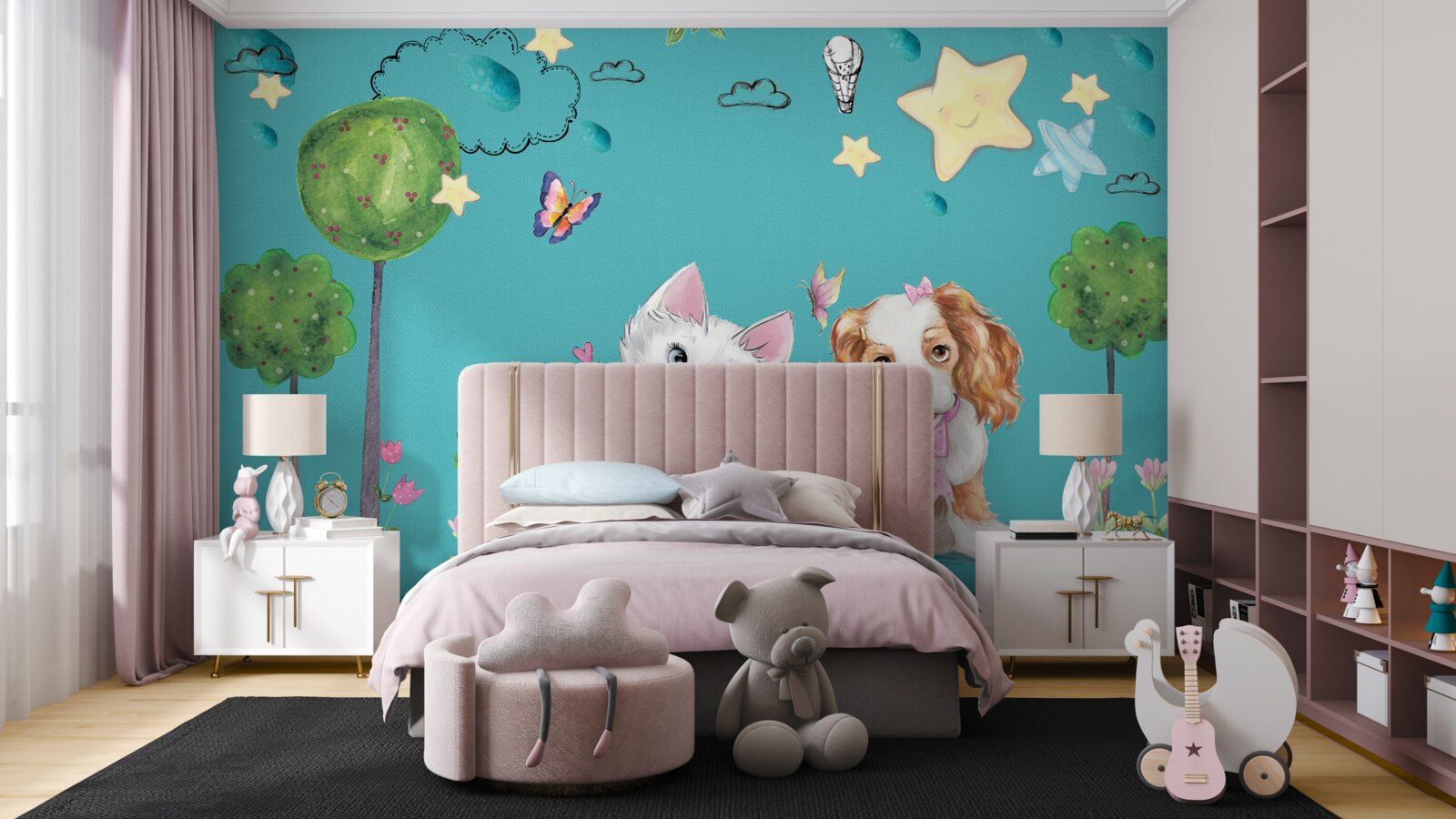 Papier peint chat et chien parmi les arbres