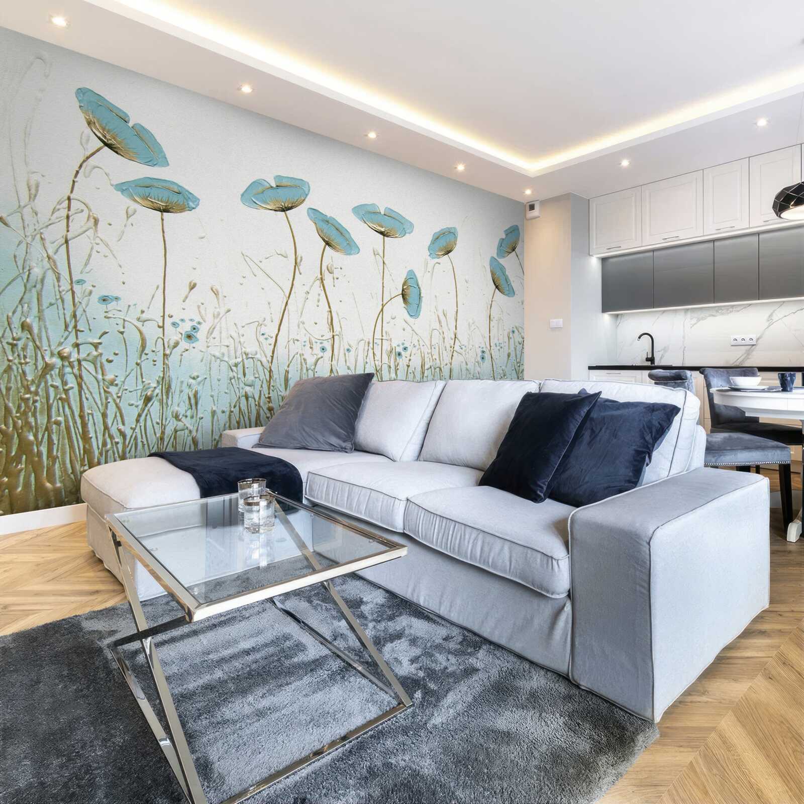 Papier peint fleurs bleues sur des tiges gracieuses