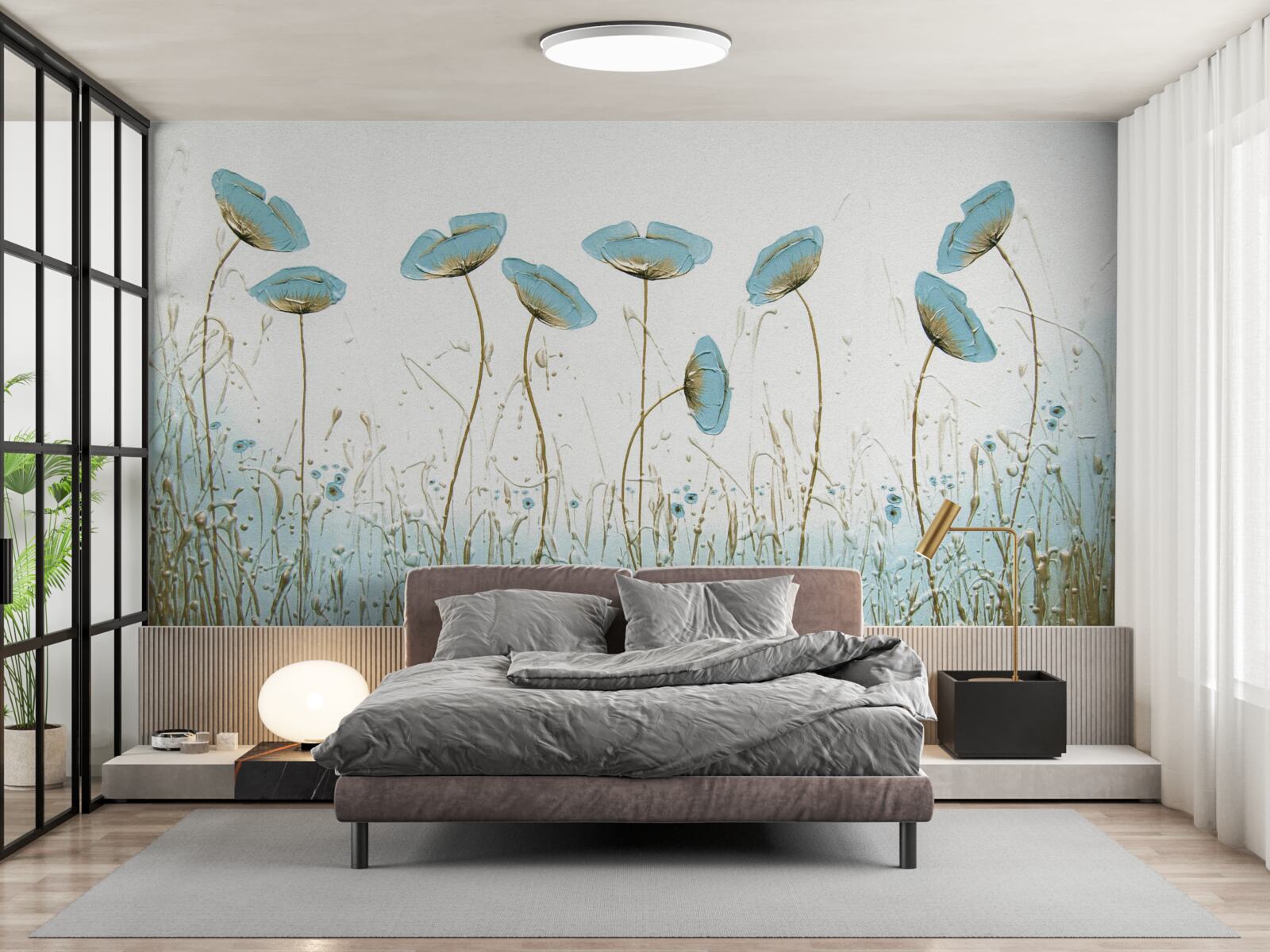 Papier peint fleurs bleues sur des tiges gracieuses