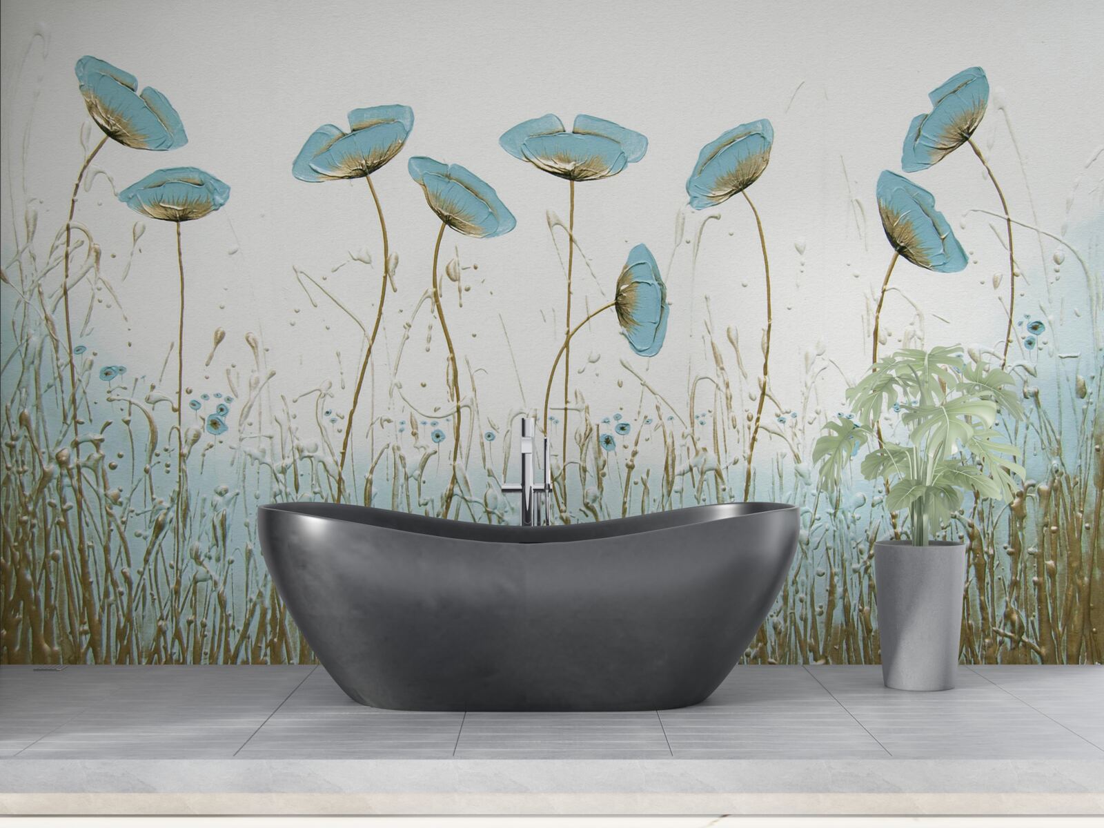 Papier peint fleurs bleues sur des tiges gracieuses