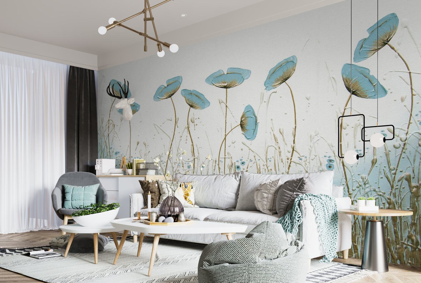 Papier peint fleurs bleues sur des tiges gracieuses