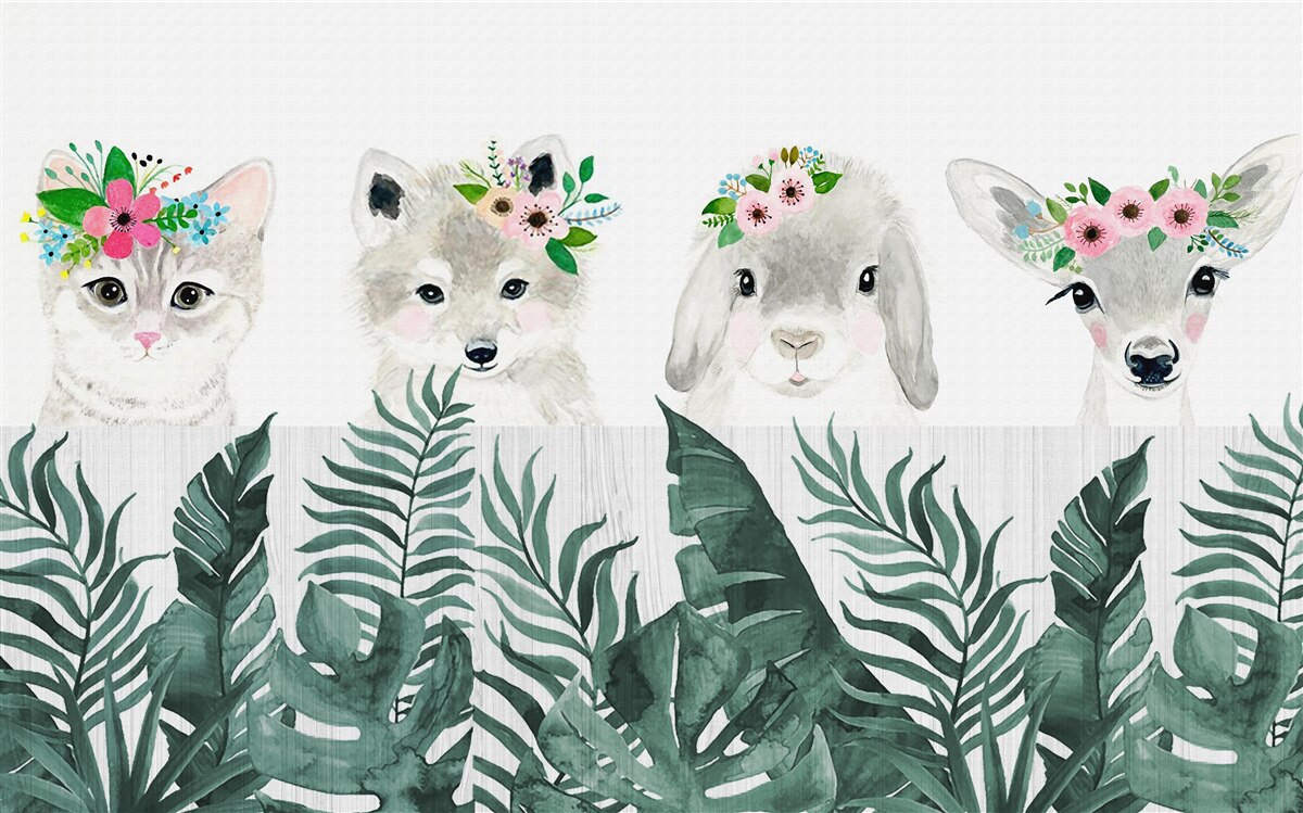 Papier peint visages d'animaux avec des fleurs