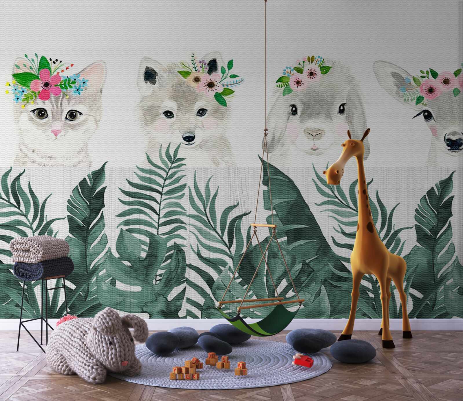 Papier peint visages d'animaux avec des fleurs