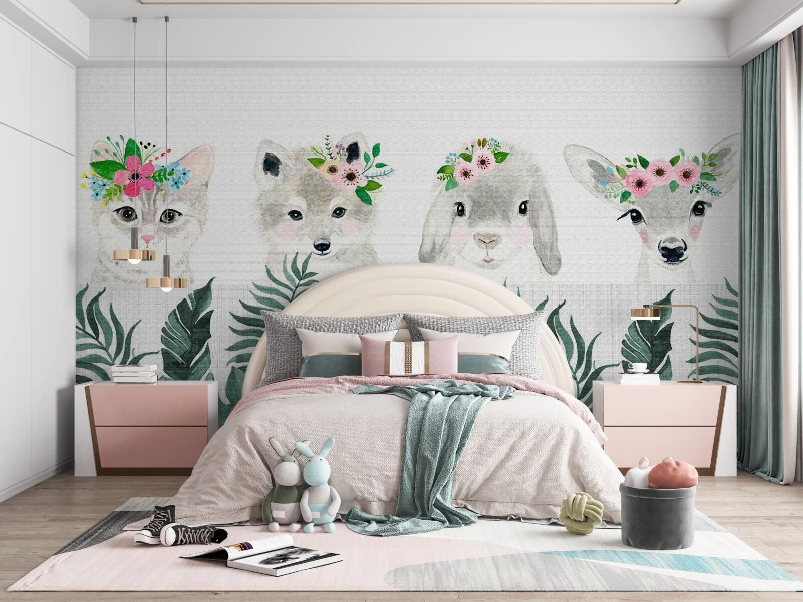 Papier peint visages d'animaux avec des fleurs