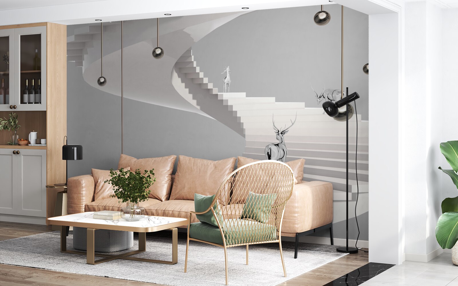 Papier peint cerf sur l'escalier en colimaçon