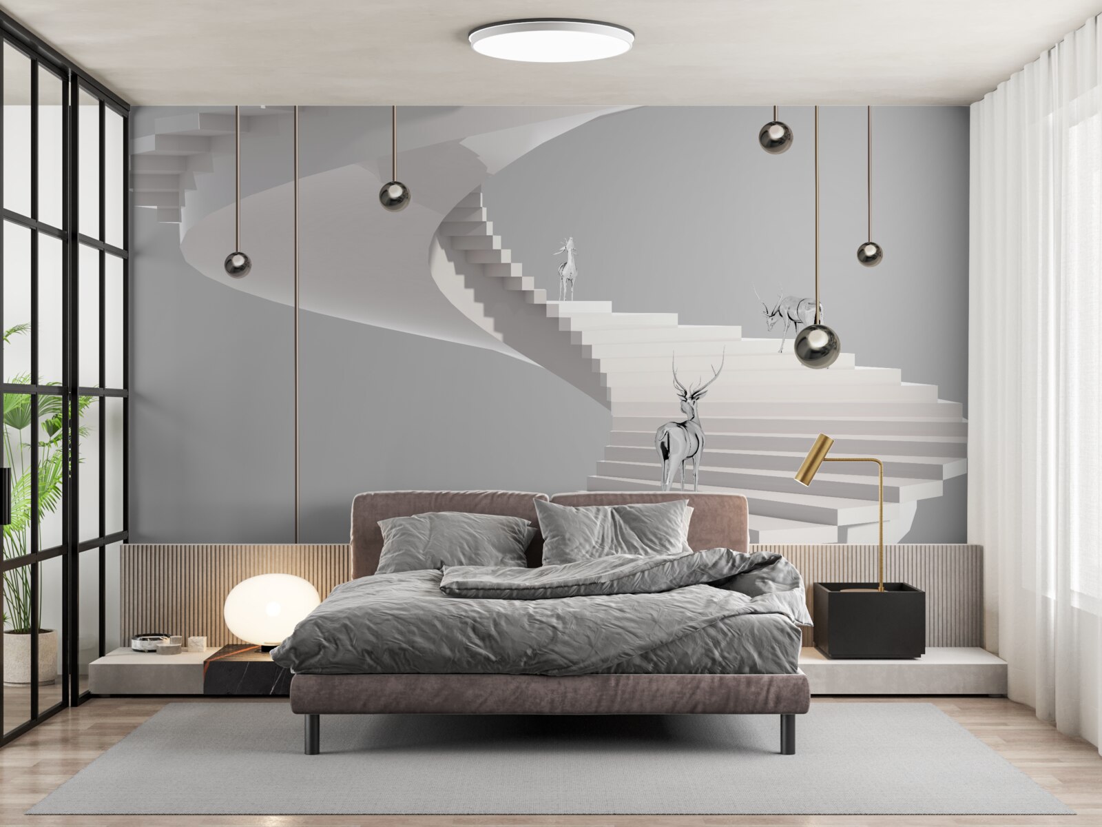 Papier peint cerf sur l'escalier en colimaçon