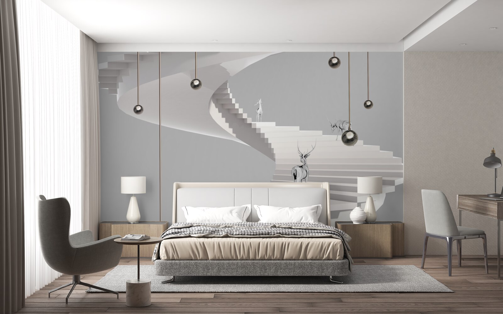 Papier peint cerf sur l'escalier en colimaçon