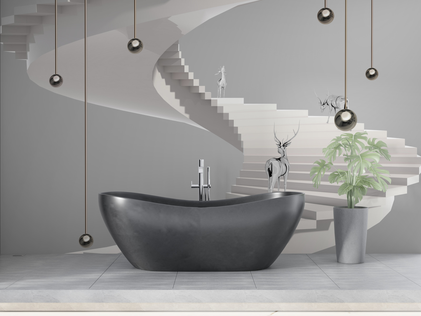 Papier peint cerf sur l'escalier en colimaçon