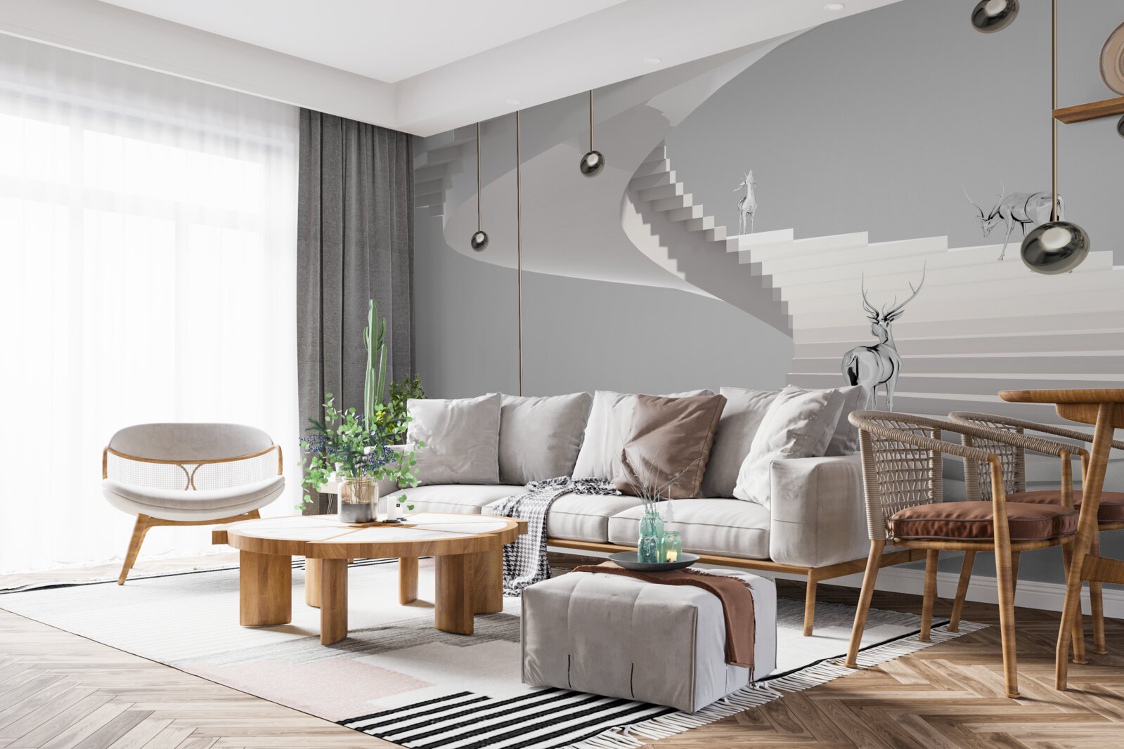 Papier peint cerf sur l'escalier en colimaçon