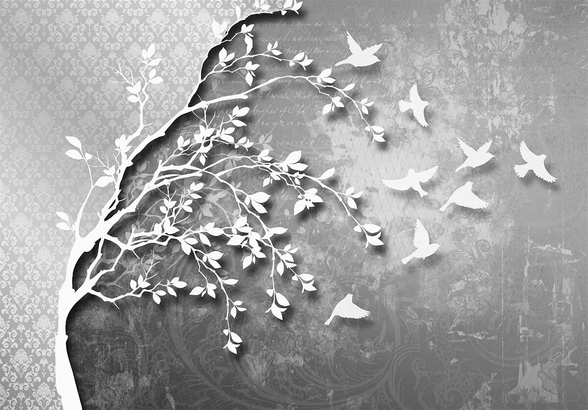 Papier peint silhouette d'arbres et d'oiseaux gracieux