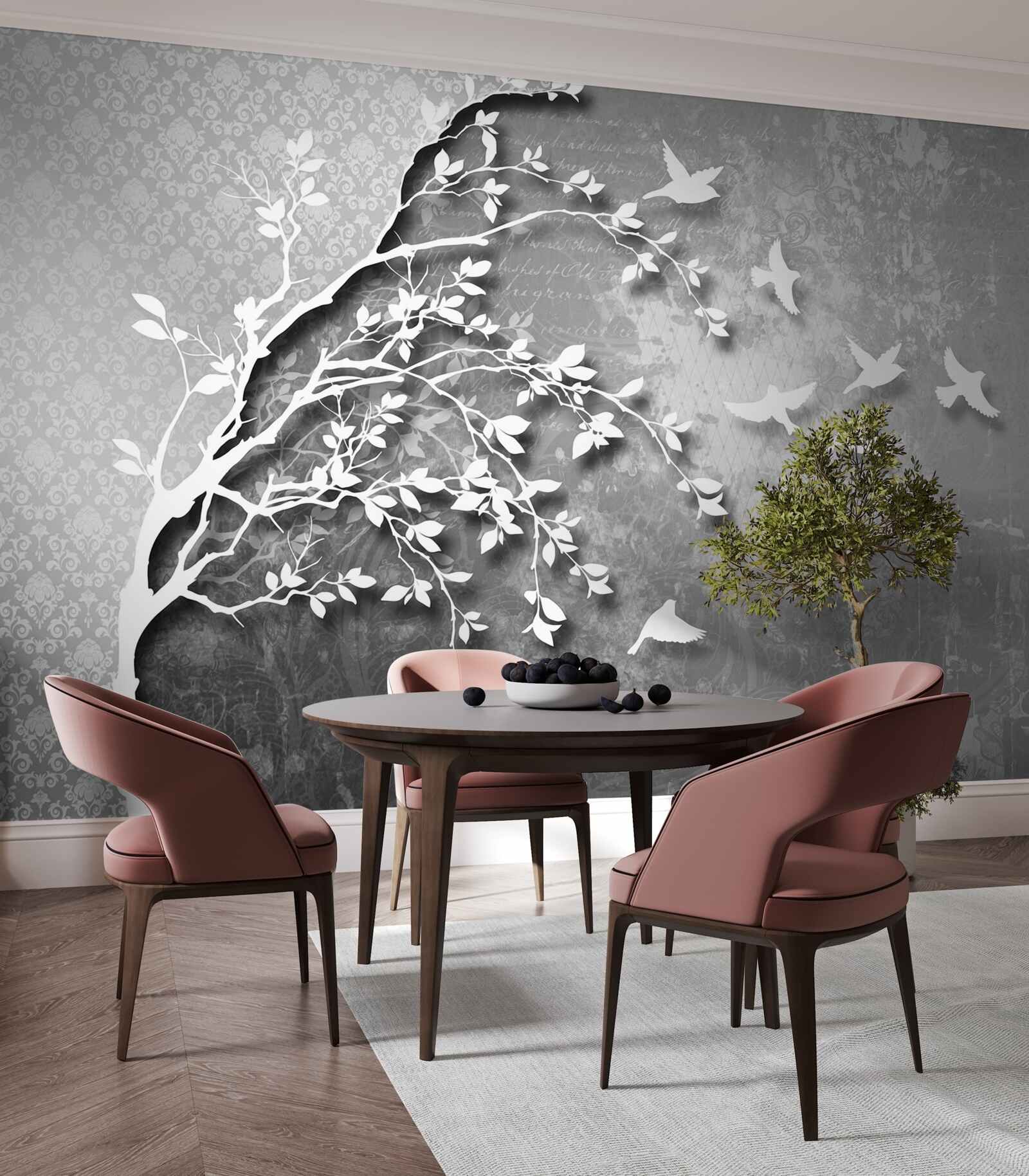 Papier peint silhouette d'arbres et d'oiseaux gracieux