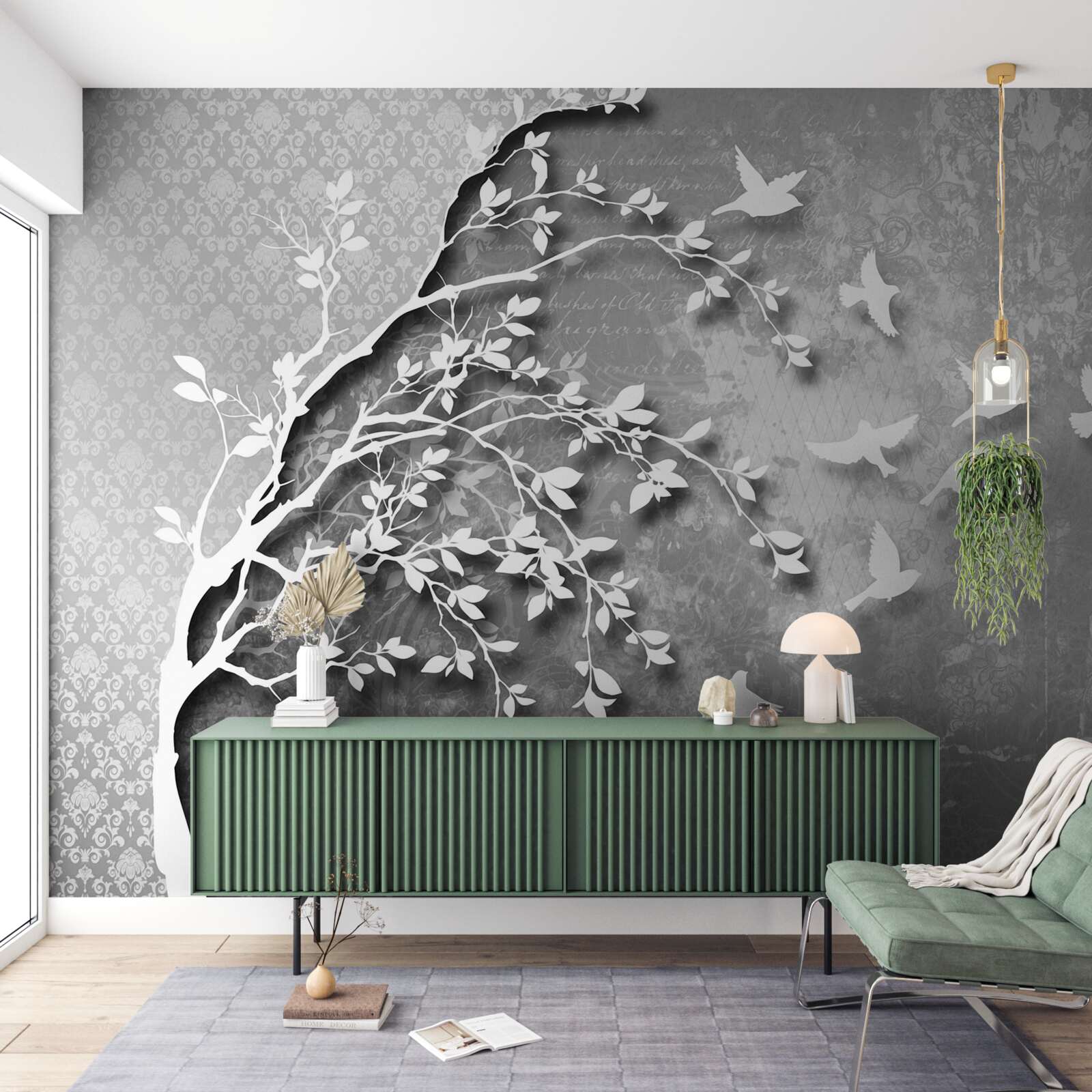 Papier peint silhouette d'arbres et d'oiseaux gracieux