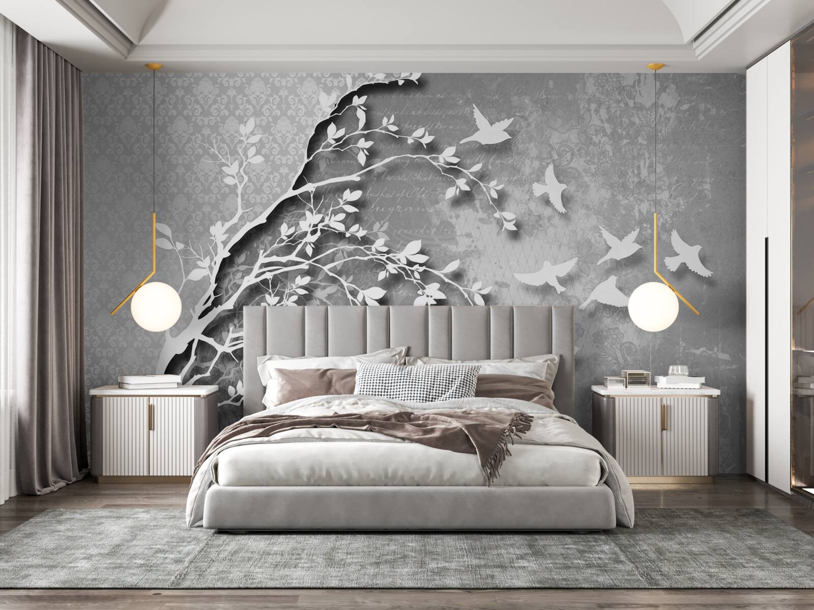 Papier peint silhouette d'arbres et d'oiseaux gracieux