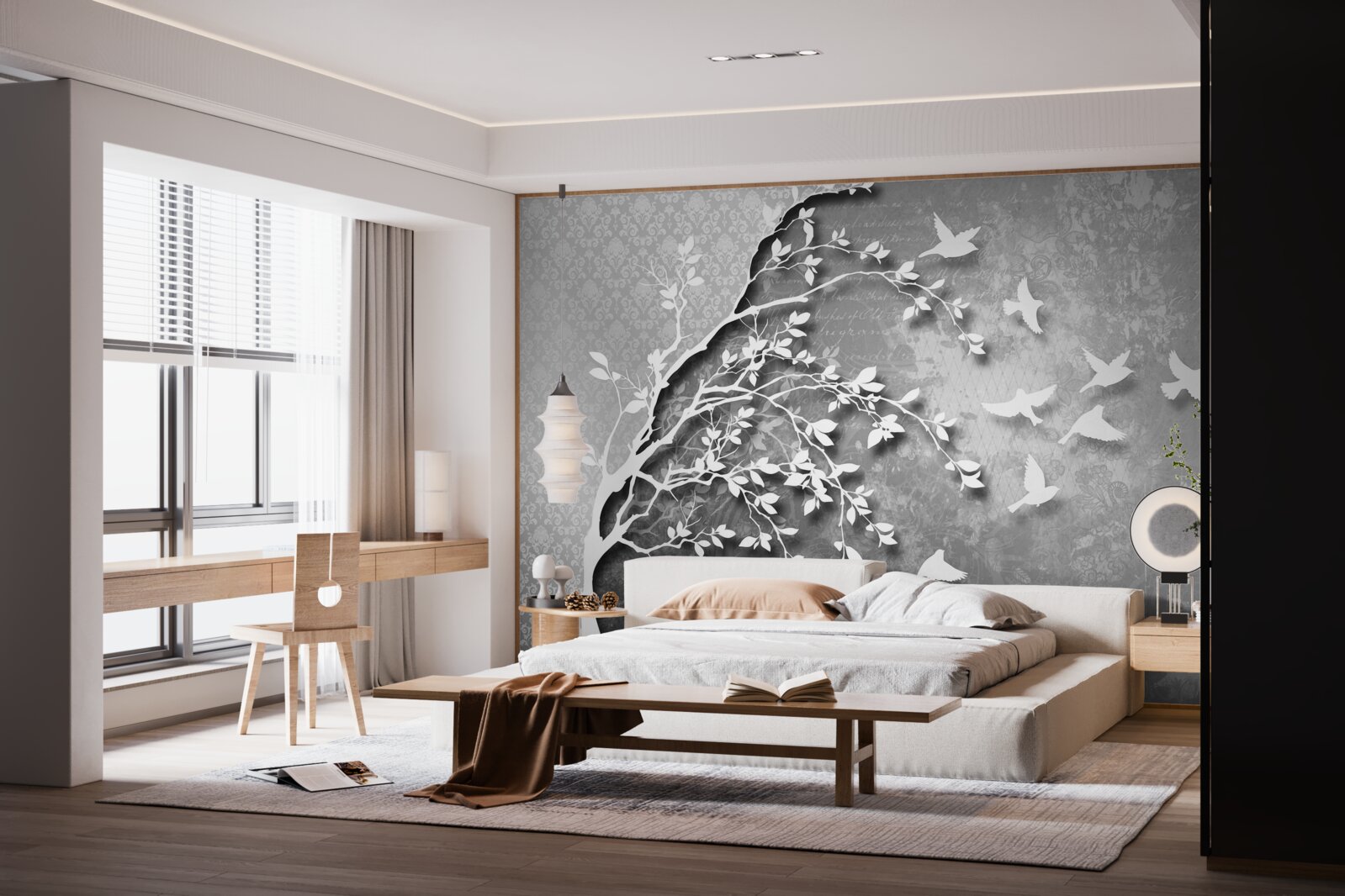 Papier peint silhouette d'arbres et d'oiseaux gracieux