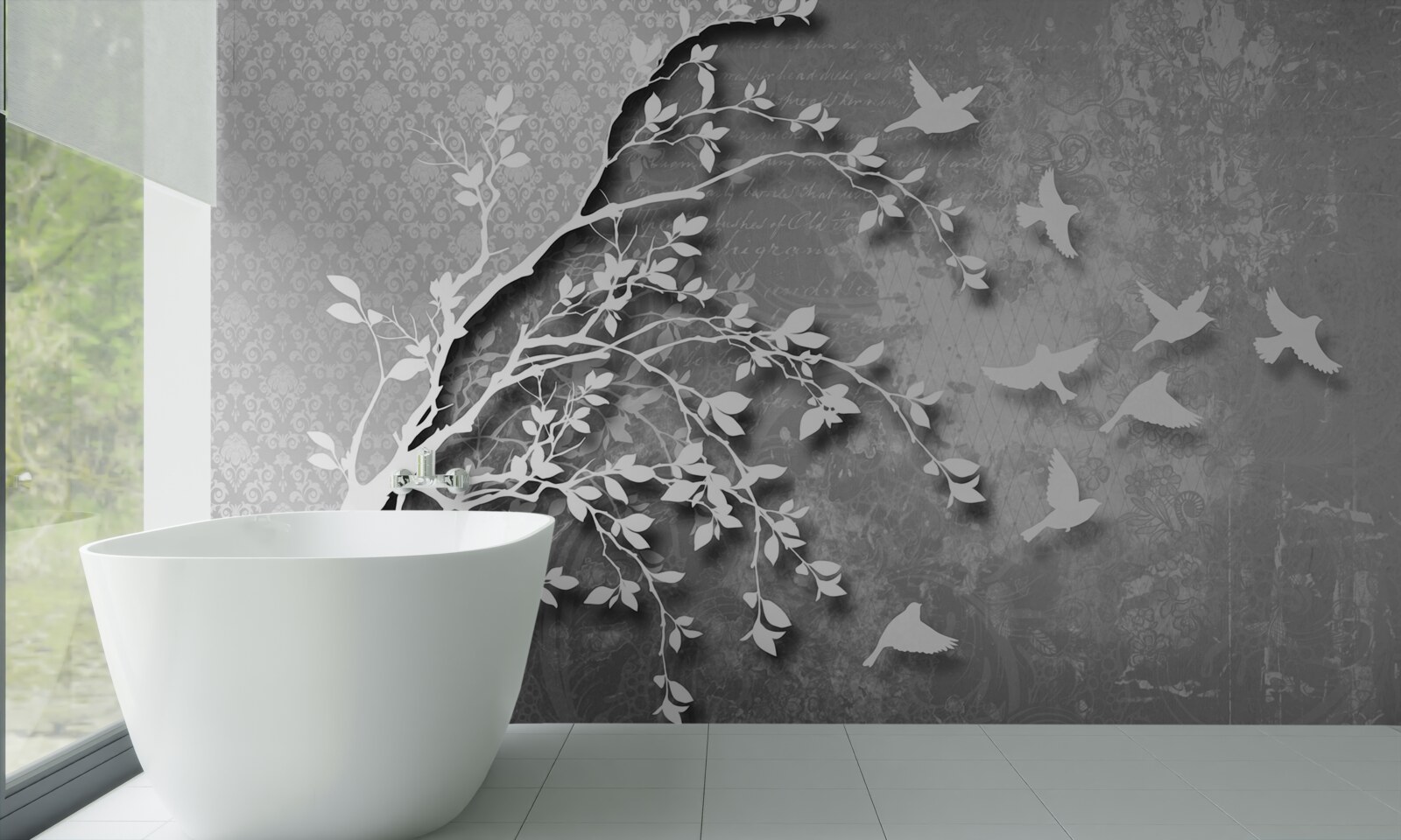 Papier peint silhouette d'arbres et d'oiseaux gracieux