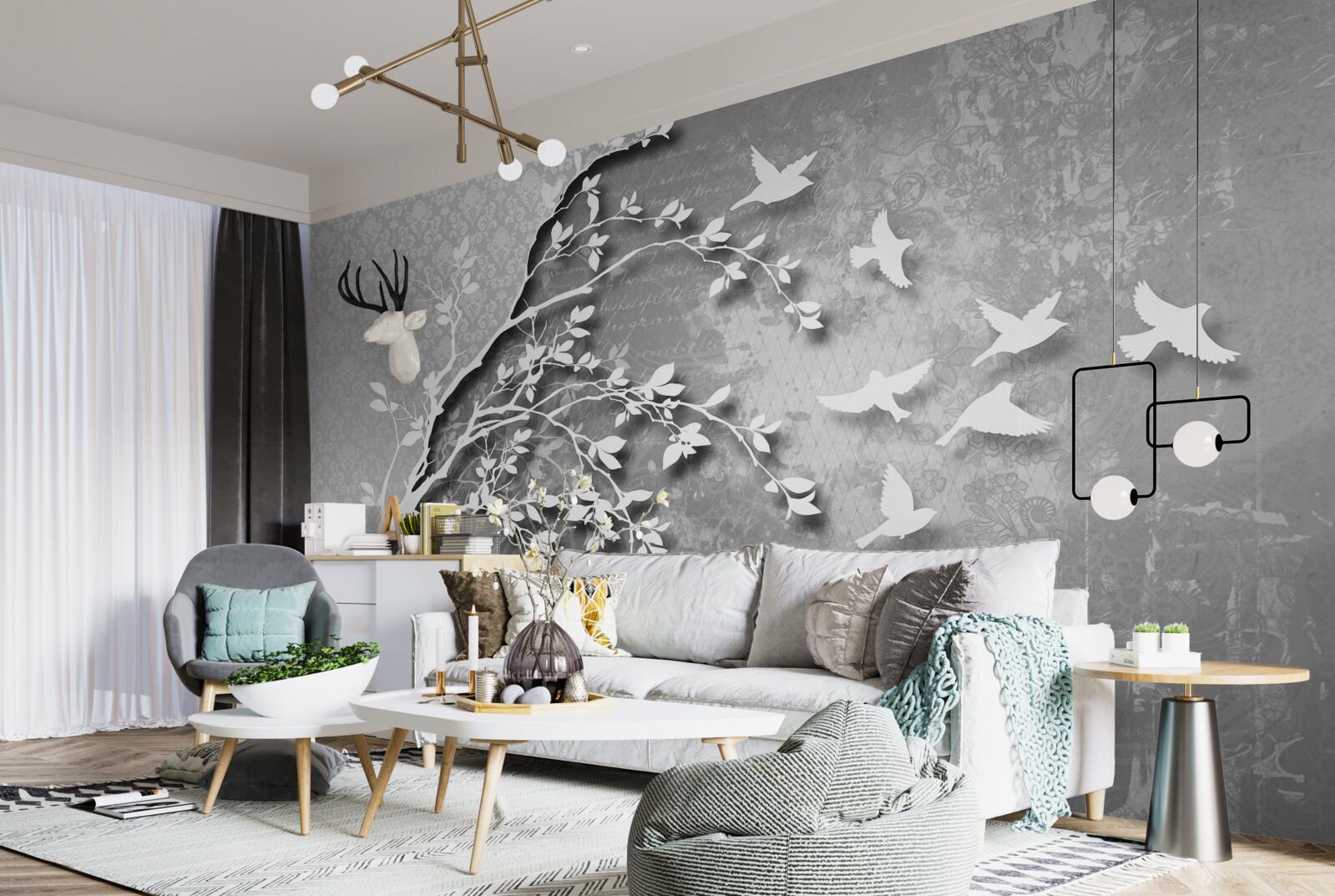 Papier peint silhouette d'arbres et d'oiseaux gracieux