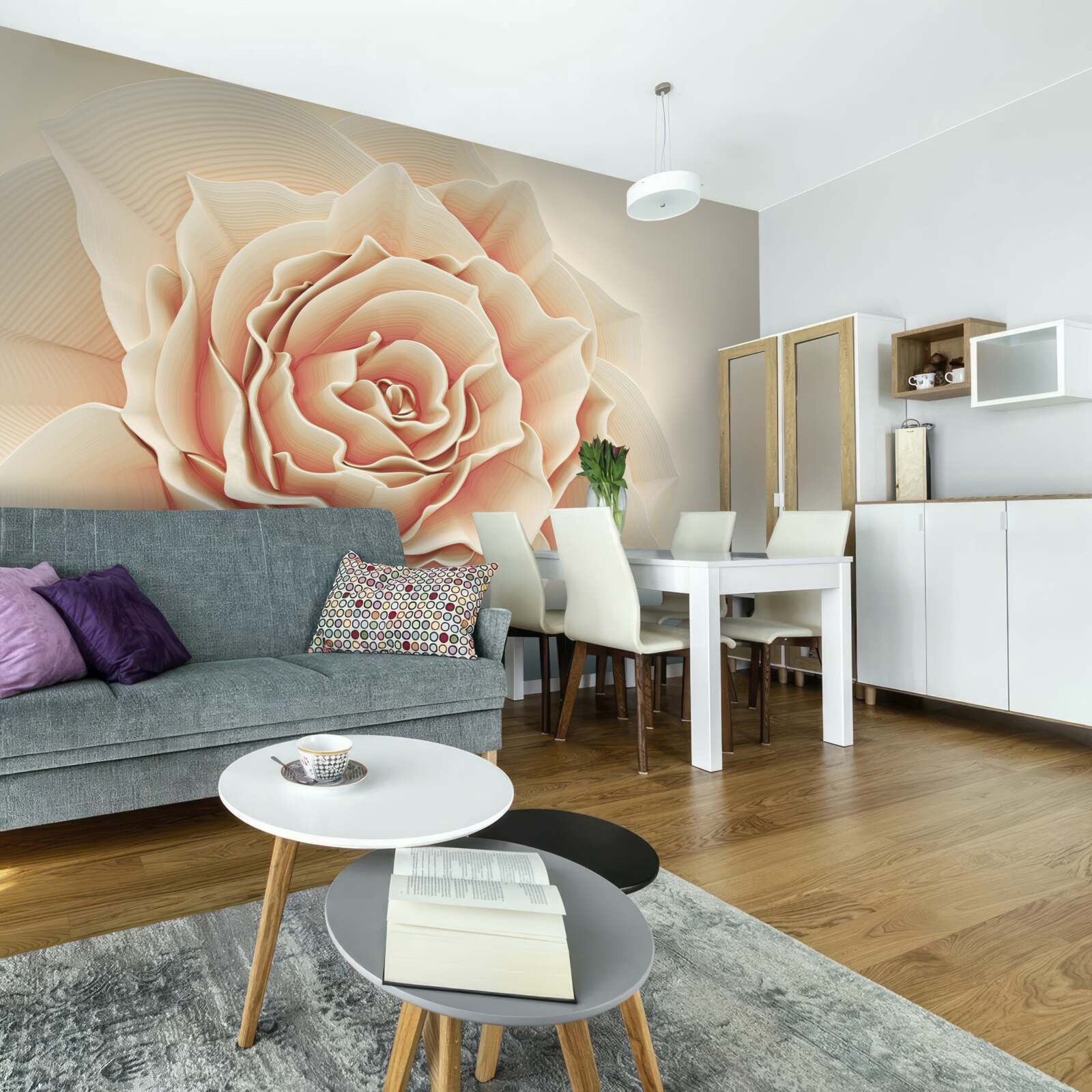 Papier peint grande rose crème