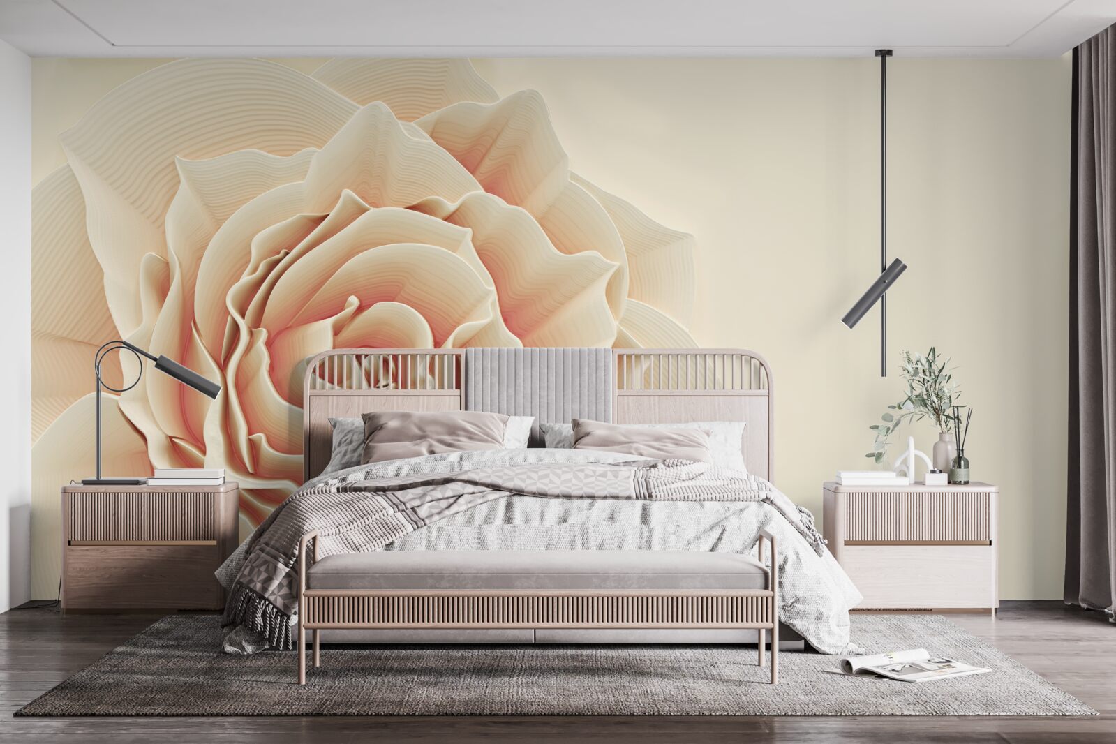 Papier peint grande rose crème