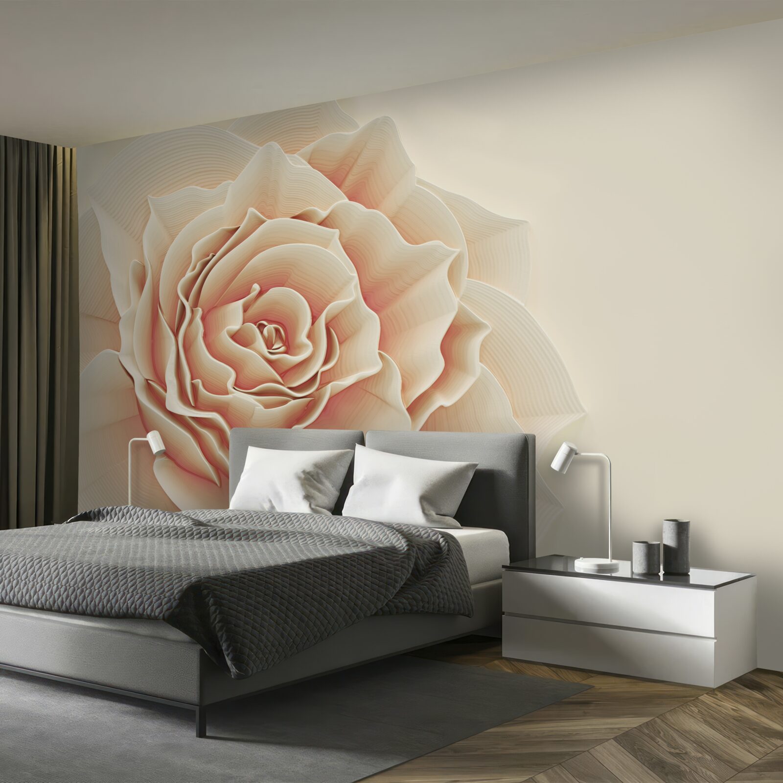 Papier peint grande rose crème