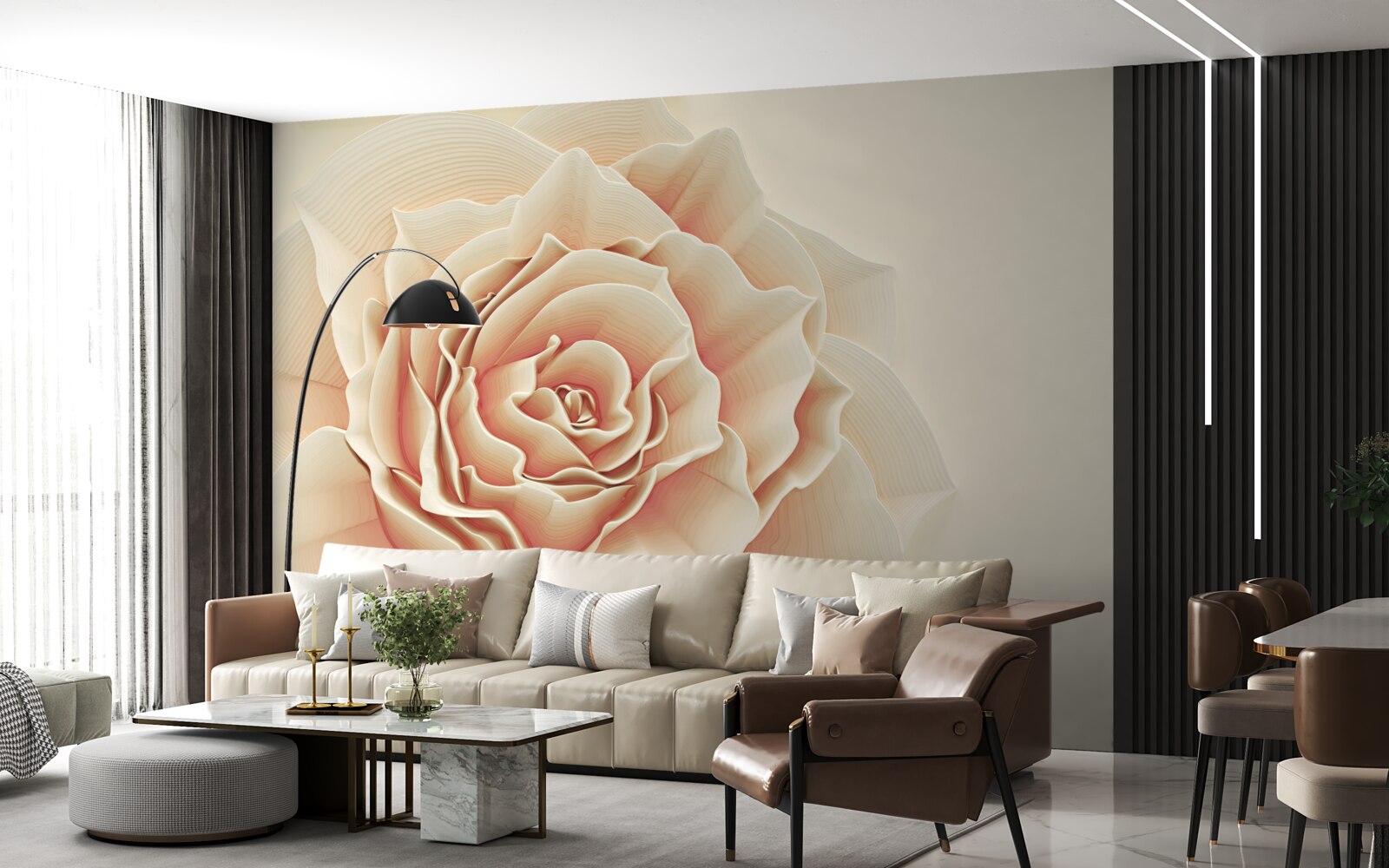 Papier peint grande rose crème