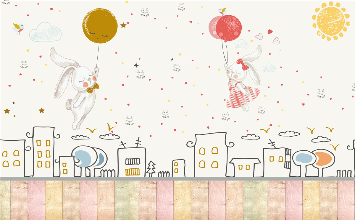 Papier peint les lapins survolent les toits avec des ballons