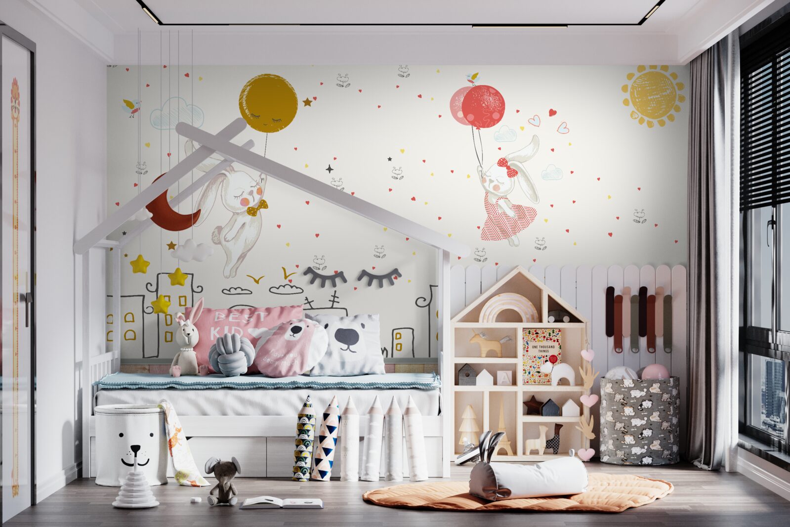 Papier peint les lapins survolent les toits avec des ballons