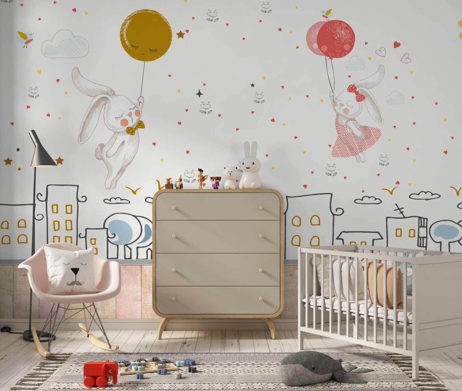 Papier peint les lapins survolent les toits avec des ballons